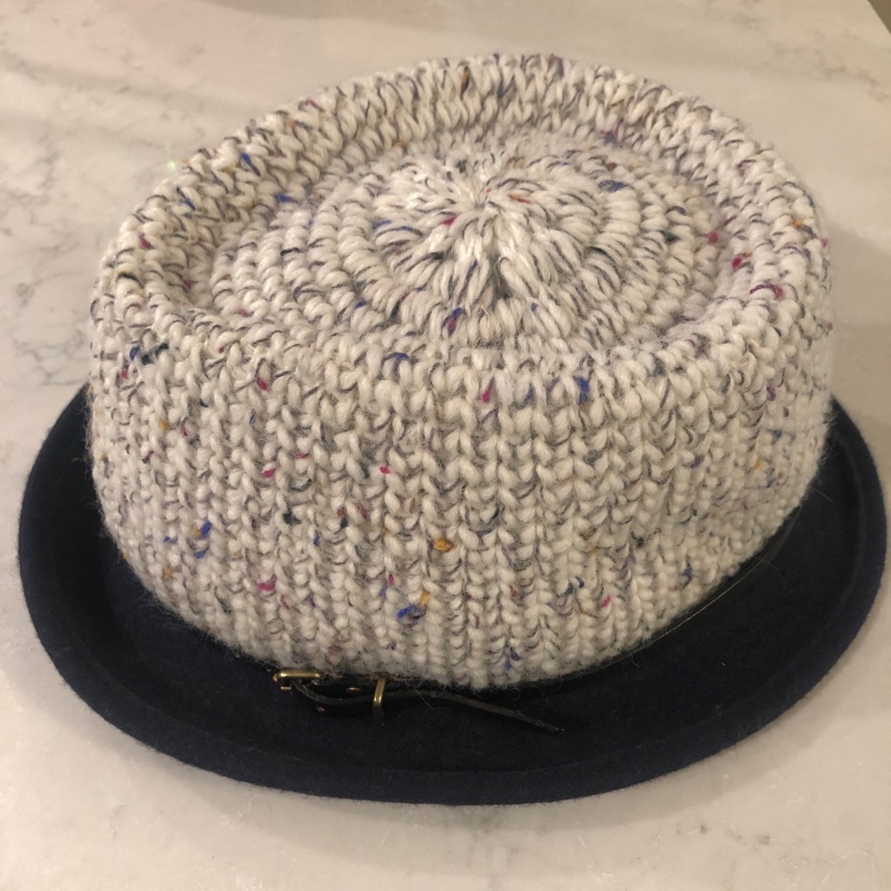 Anthropologie Navy Blue & White Marled Fedora w/Black Belt Trim